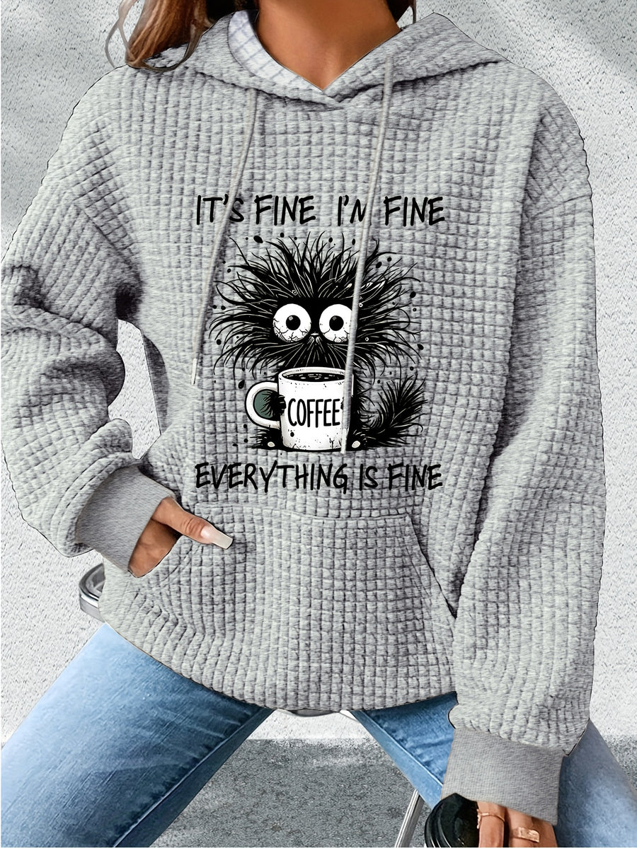Women'S Black Hoodie with "It'S Fine I'm Fine Everything is Fine" Cartoon Cat & Coffee Design - Cozy Long Sleeve Pullover for Fall/Winter, Casual Everyday Hoodie, Casual Wear Hoodie | Playful Graphic Hoodie | Construction, Cat Hoodie - Light Gray