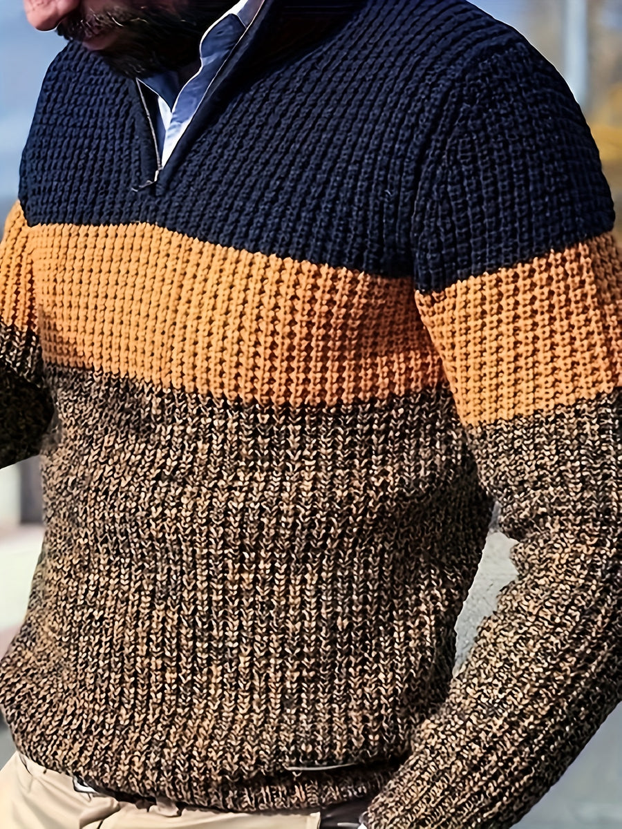 Holiday Pre-Heat 1-Piece Men's Lapel Color-Block Sweater Pullover Half-Zip Warm Casual Party Knitwear for Autumn/Winter Regular Streetwear - Yellow