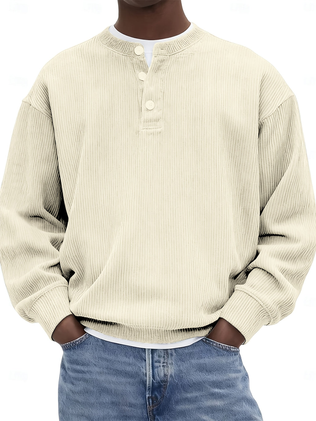 [Josh Mei Obm] Men'S Casual V-Neck Long Sleeve Loose Solid Color Henley Shirt, Welding Autumn'S Relaxed Feel Onto The Body, Lazy Daily Wear - Beige