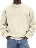 [Josh Mei Obm] Men'S Casual V-Neck Long Sleeve Loose Solid Color Henley Shirt, Welding Autumn'S Relaxed Feel Onto The Body, Lazy Daily Wear - Beige