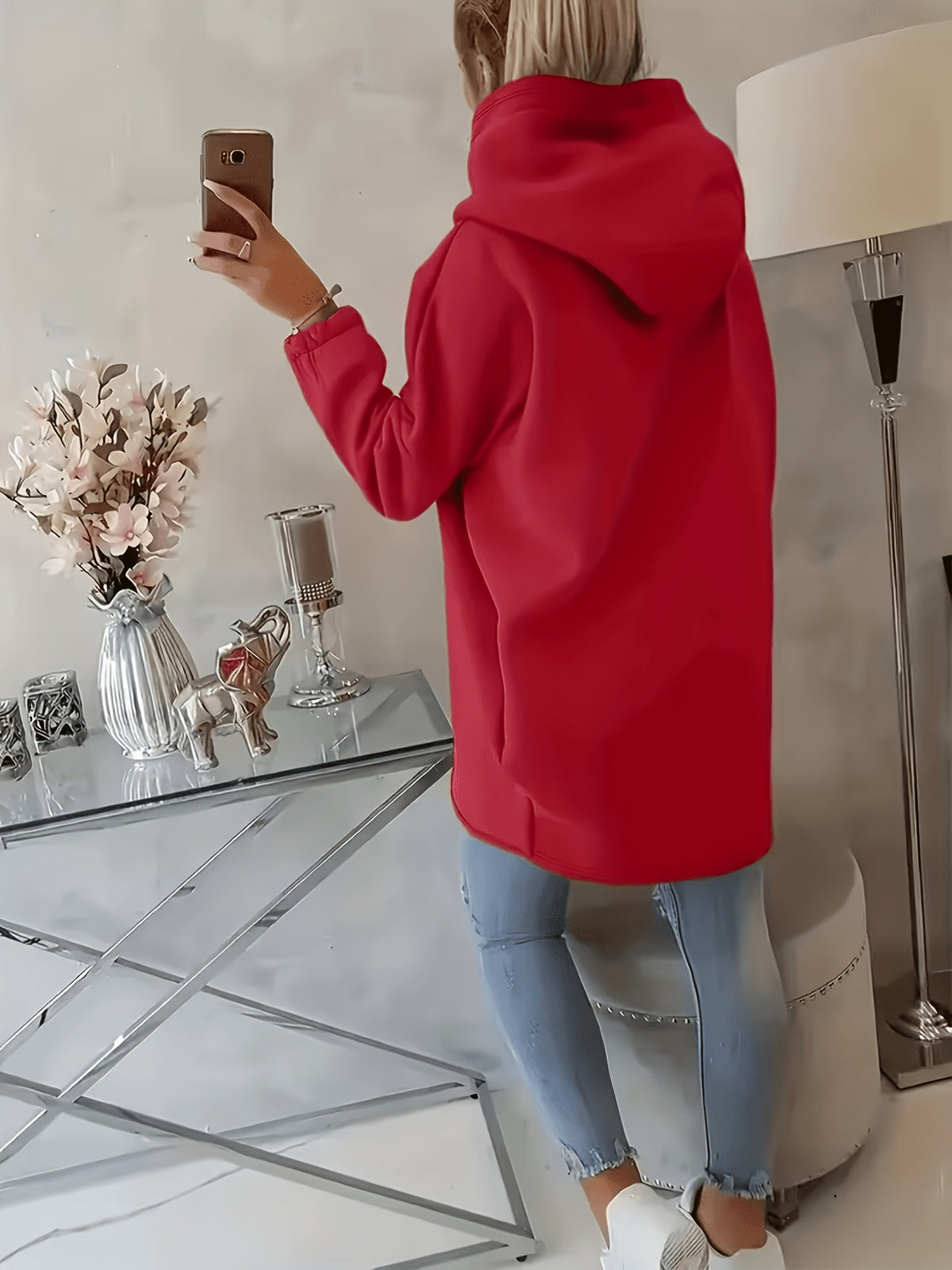 Plus Size, New European and American Women's Plus Size Hooded Sweatshirt with Full Front Zipper, Fashionable Asymmetric Hem Slit, Wide and Comfortable, Breathable, Thick and -Lined, Loose Fit, Long Sleeve, Warm for Autumn and Winter - Red