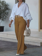 Women'S Elegant Lapel Lantern Sleeve Button-Up Batwing Shirt, Oversized Solid Color Fashion Versatile All-Season Top - White