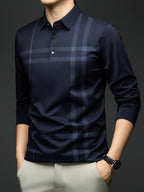 Men'S Striped Long Sleeve Shirt, Casual Commuter Versatile T-Shirt, Lapel Men'S Outdoor Athletic Wear, Easy Long Sleeve Lapel Business T-Shirt, Comfortable Breathable Middle-Aged Men'S Clothing - Navy Color