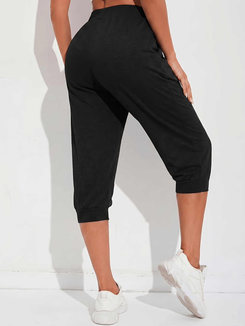 European and American Style High-Waist Cropped Sweatpants for Women, Summer Running Casual Jogger Pants with Pockets, Comfortable and Breathable Versatile Harem Pants for Home Wear - Black