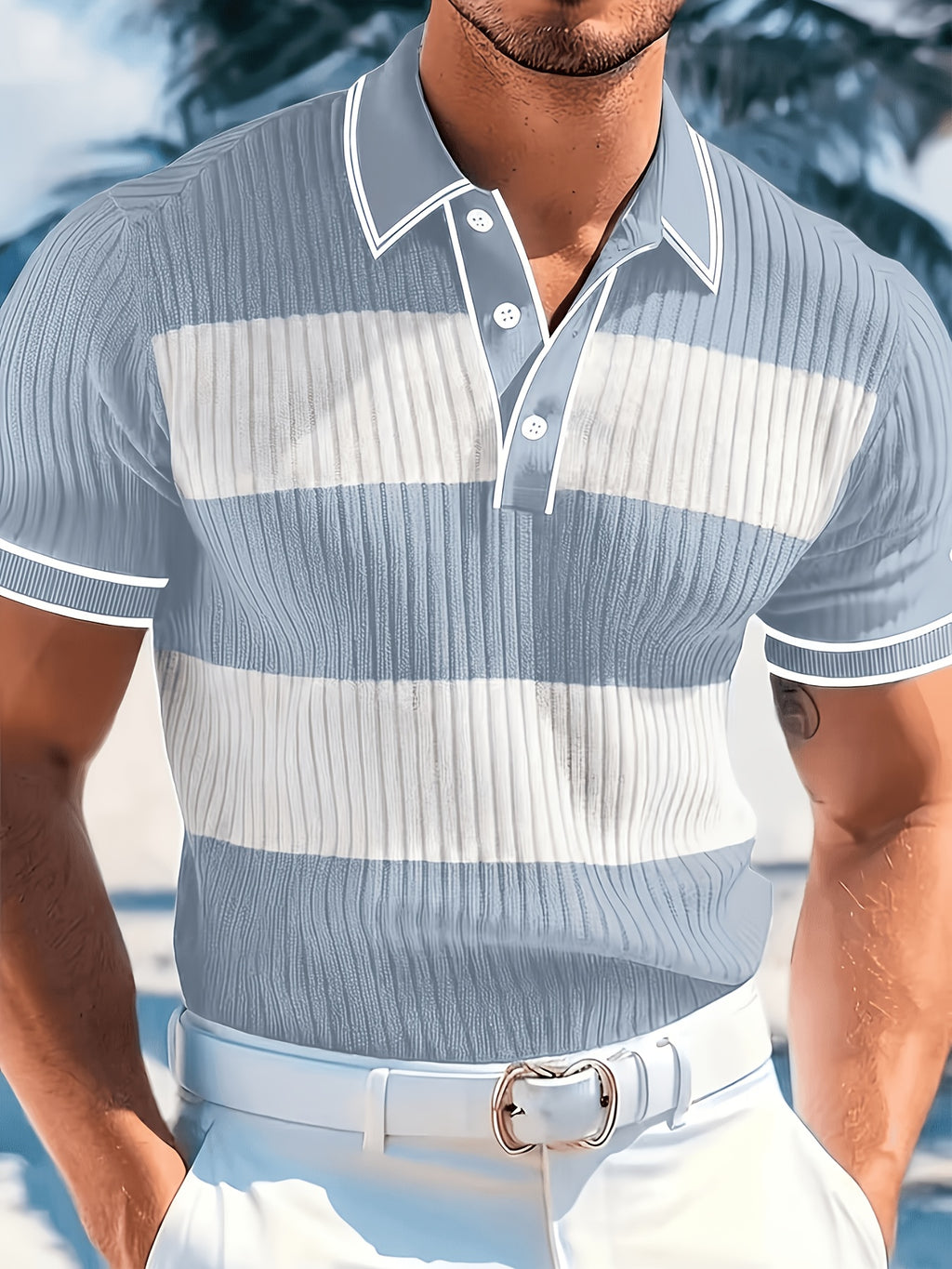 Men'S Fashion Men'S Top, Spring Summer Outdoor Casual Ribbed Texture Fabric Contrast Color Patchwork Lapel Single-Breasted Short Sleeve Men'S Polo Shirt - Blue+Light White