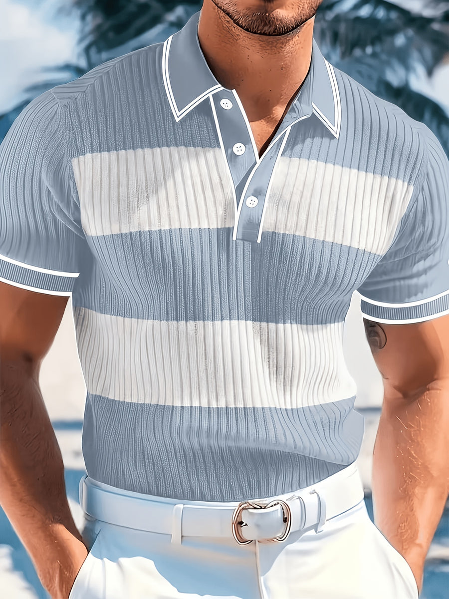 Men'S Fashion Men'S Top, Spring Summer Outdoor Casual Ribbed Texture Fabric Contrast Color Patchwork Lapel Single-Breasted Short Sleeve Men'S Polo Shirt - Blue+Light White