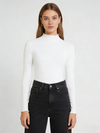 Solid-color Women's Long-sleeved T-shirt with a High Collar - White