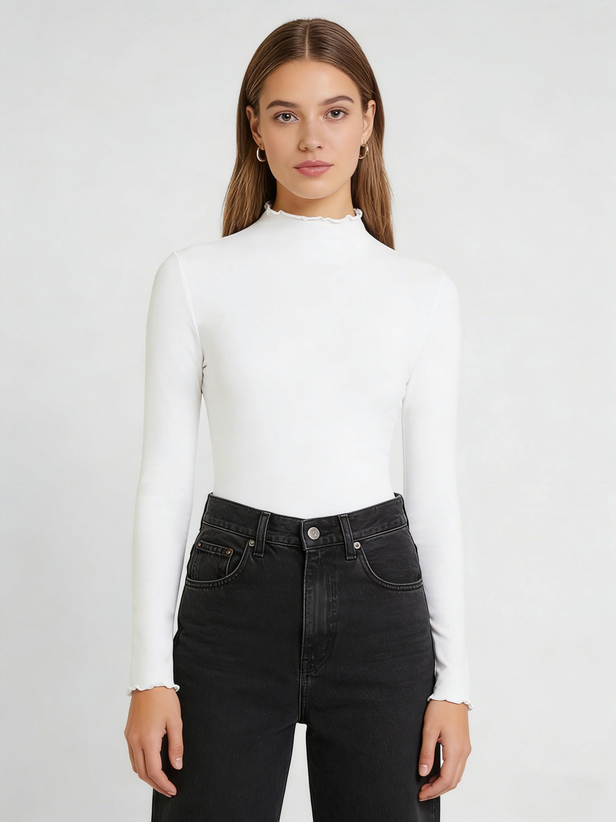 Solid-color Women's Long-sleeved T-shirt with a High Collar - White