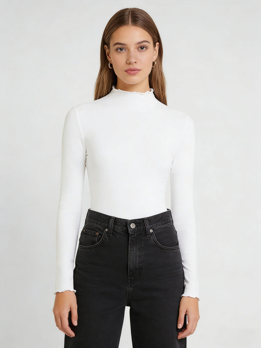 Solid-color Women's Long-sleeved T-shirt with a High Collar - White