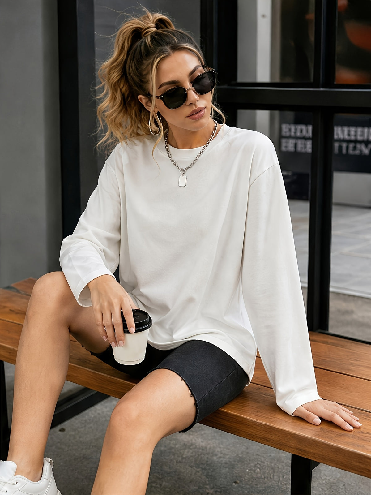 2pcs Women's Y2K Oversized Round Neck T-Shirts - Soft Loose Fit Solid Color Basic, Medium Stretch Suitable for Daily Commuting, Layering & Streetwear, Machine Washable Spring/Autumn Wardrobe - Black + White