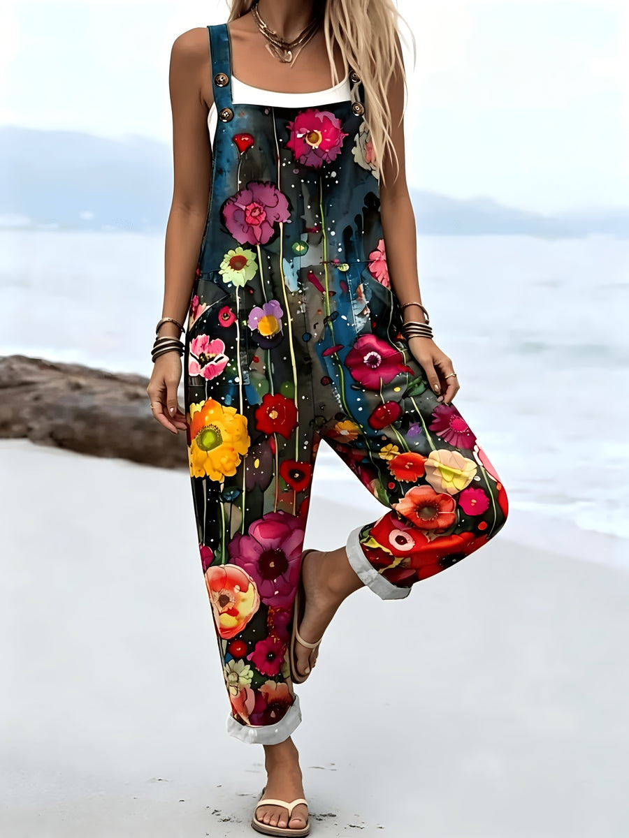 Artistic Watercolor Floral Print Overalls Loose Age-Reducing Straight Jumpsuit Casual Versatile Loose, Not Picky about Body Shape - Multicolor