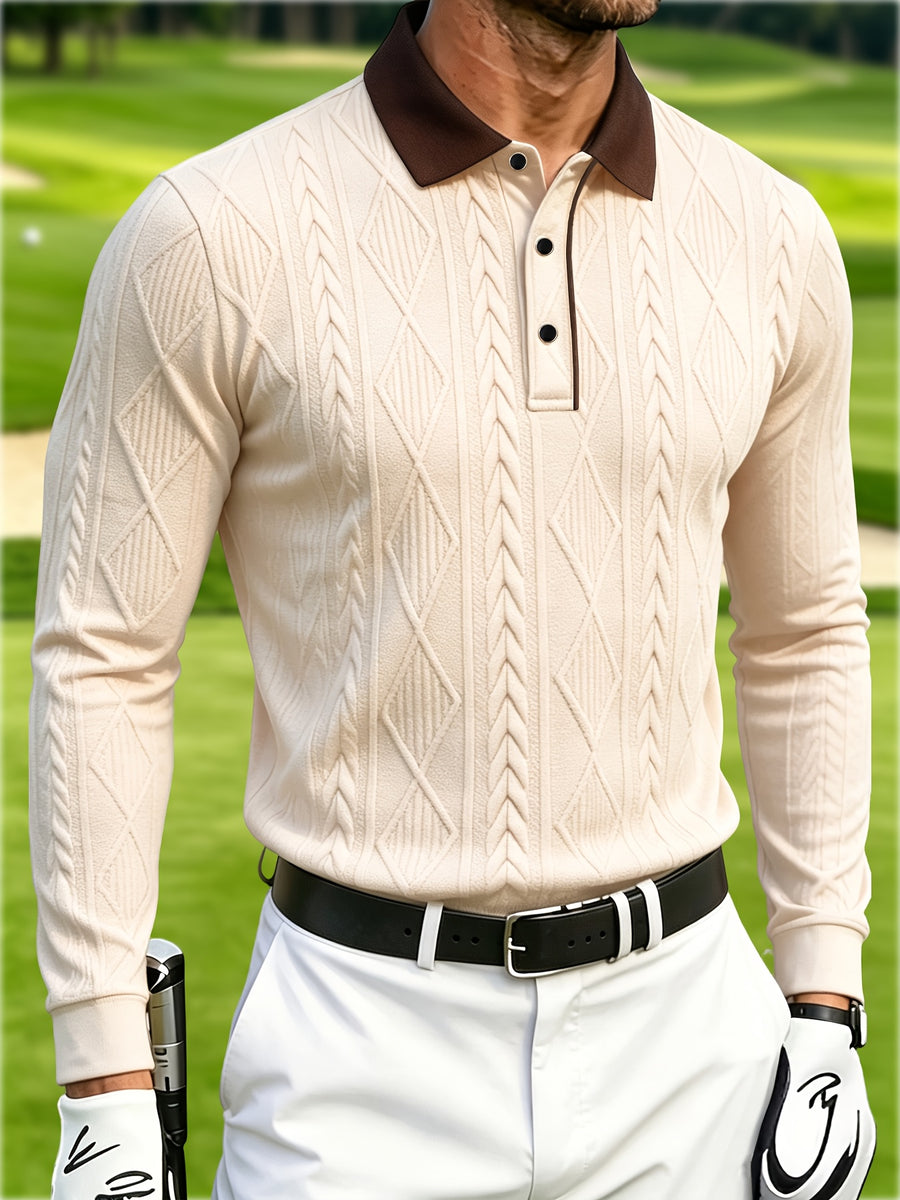 Men's Long-Sleeve Golf Polo Shirt, Contrast-Color Lapel Jacquard Design T-Shirt, Essential High-End Polo Attire for Golf Courses, Warm, Skin-Friendly, and Comfortable, Suitable for Indoor Gatherings and Outdoor Leisure, New Trendy Men's Apparel - Apricot