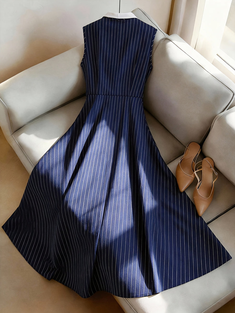 Women'S Navy Blue Striped White Contrast Collar with Golden Buttons And Cinched Waist A-Line Long Dress, Charming Elegant Choice for Daily Commute, Suitable for Office, Light Business, Weekend Outings, And Dates, Perfect for Spring Summer Fall - Navy Color