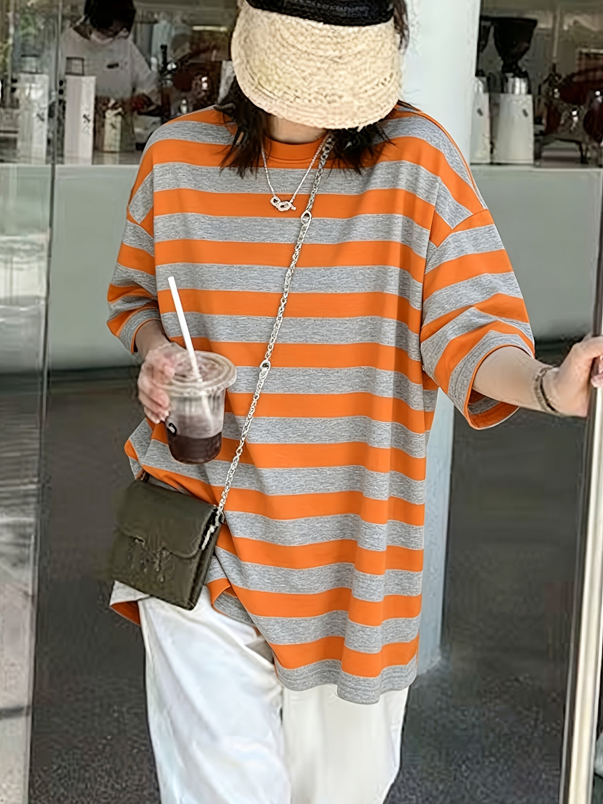 Spring/Summer Casual Oversized Women's T-Shirt with Round Neck and Short Sleeves - Orange Grey