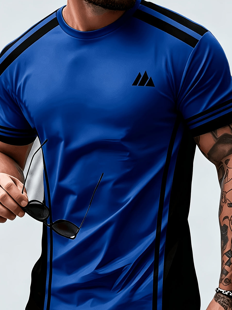 Men'S Trendy Casual Sports T-Shirt, Yellow Black Contrast Striped Mountain Peak Small Label Print Design, Fashionable Thin Breathable T-Shirt, Machine Washable Casual Short Sleeve Top - Mixed Color 9