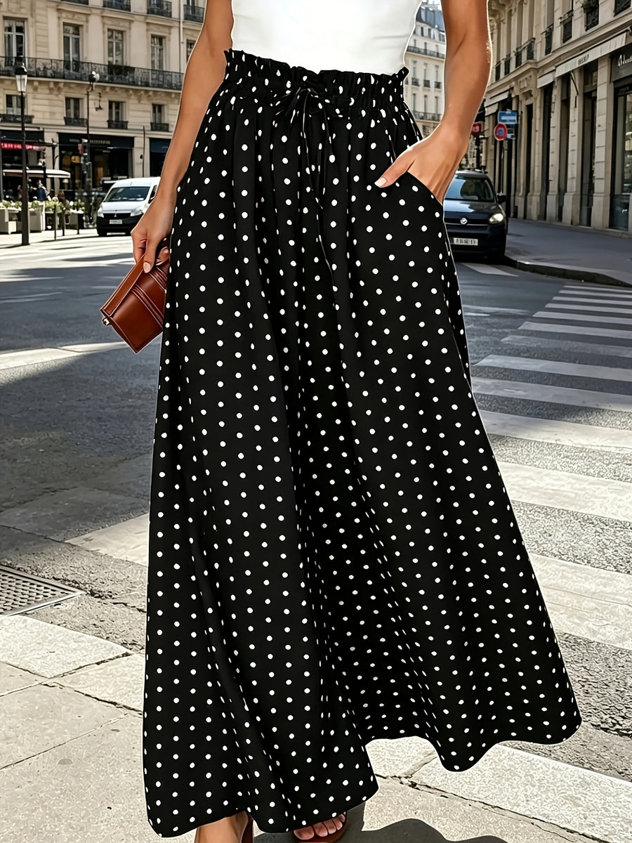 Summer Elegant Chic Romantic Women'S Printed Ruffled Waistband Wide-Leg Casual Loose Vacation Trousers with Fake Drawstring Casual Style - Mixed colors