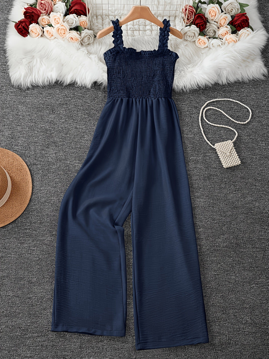 Women'S Solid Ruffled Camisole Sleeveless Jumpsuit, for Outings, Parties, Casual Daily Wear, Regular Thickness. Suitable for Spring And Summer, Autumn - Blue