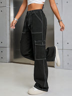 Women'S Autumn And Winter Washed Black Slim-Fit Denim Work Pants - Black
