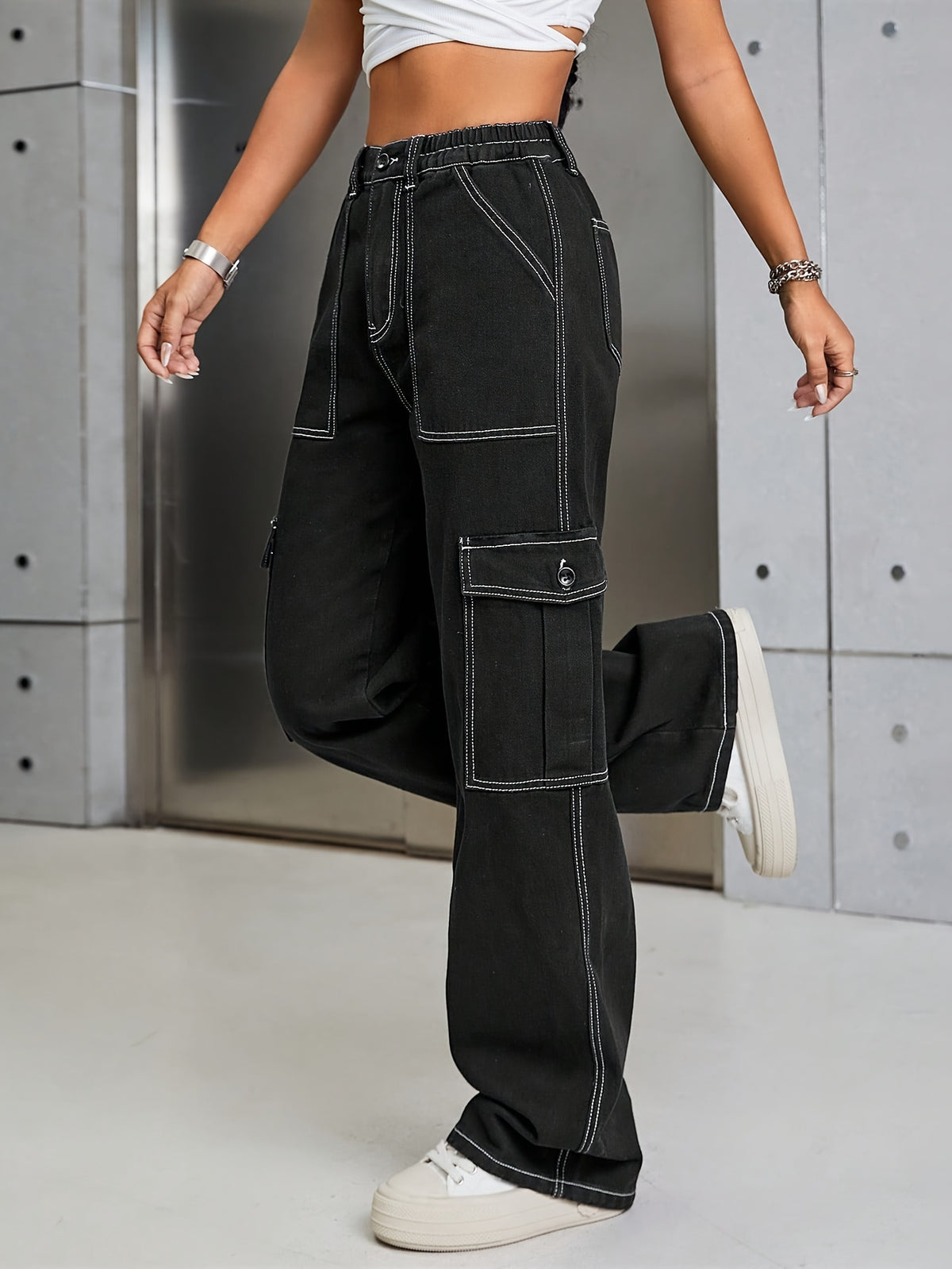 Women'S Autumn And Winter Washed Black Slim-Fit Denim Work Pants - Black