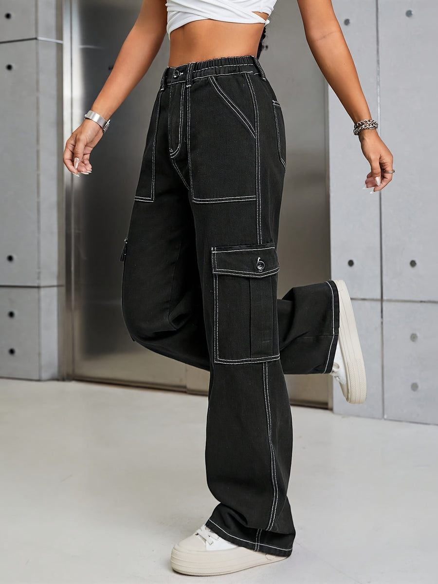 Women'S Autumn And Winter Washed Black Slim-Fit Denim Work Pants - Black