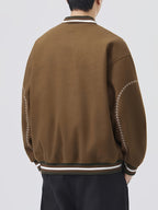 [Villa Le Water OBM] 2026 New American Street Color-Block Baseball Jacket Men'S Autumn Trendy Brand Design Embroidered Couple Coat Preppy Style Casual Top - Coffee Color