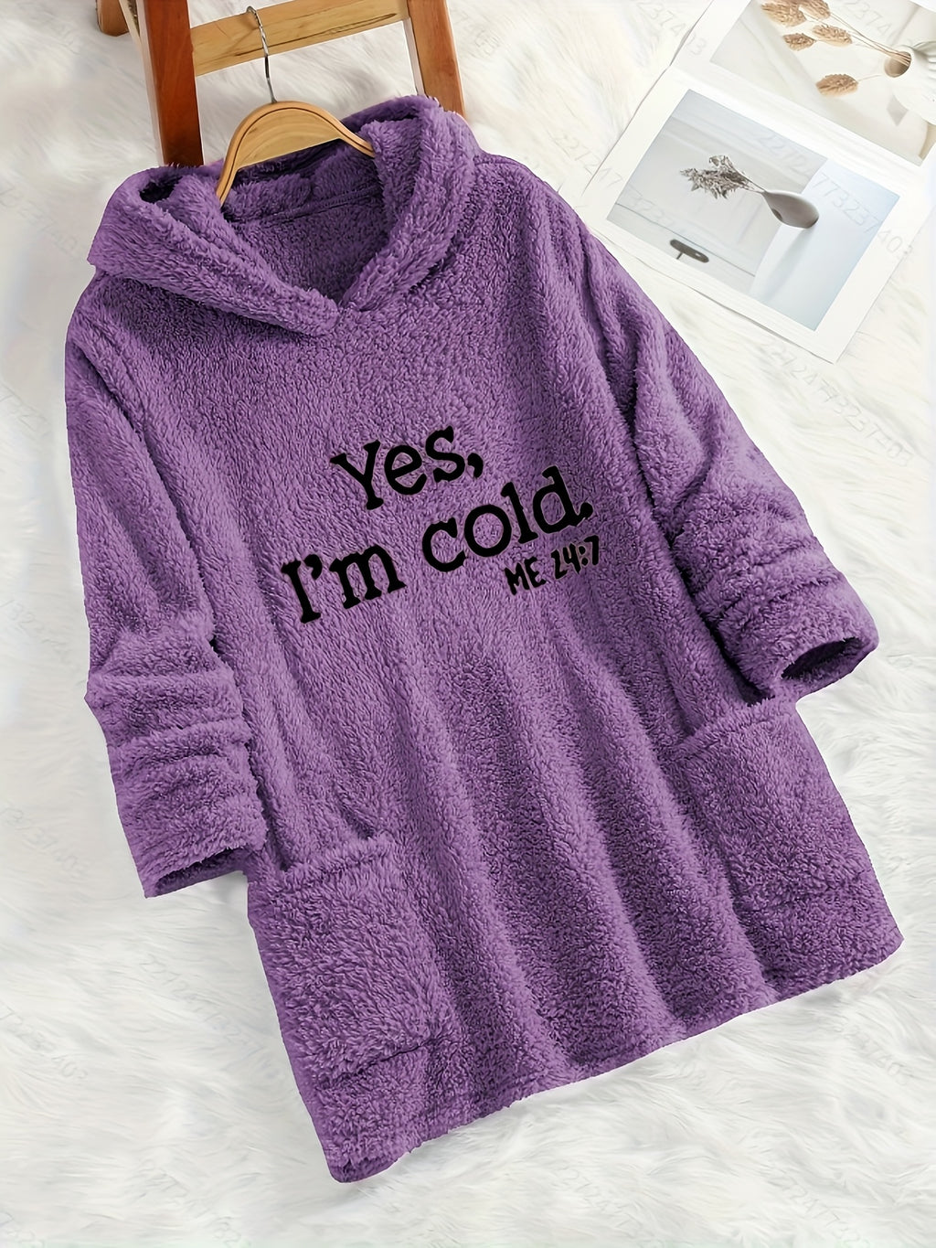 Women's "Yes I'm Cold" Printed Teddy Bear Hooded Sweatshirt - 100% Polyester Relaxed Fit Long Sleeve Pullover with Double Pockets, Cozy Fleece-Lined Casual Winter Top for Fall & Winter - Purple