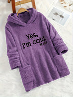 Women's "Yes I'm Cold" Printed Teddy Bear Hooded Sweatshirt - 100% Polyester Relaxed Fit Long Sleeve Pullover with Double Pockets, Cozy Fleece-Lined Casual Winter Top for Fall & Winter - Purple
