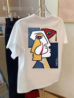 Front And Back Short Sleeve T-Shirt Cubism, Picasso Style Fashion Print Women'S Spring And Summer Trendy Printed T-Shirt, Fashionable And Trendy Item - White