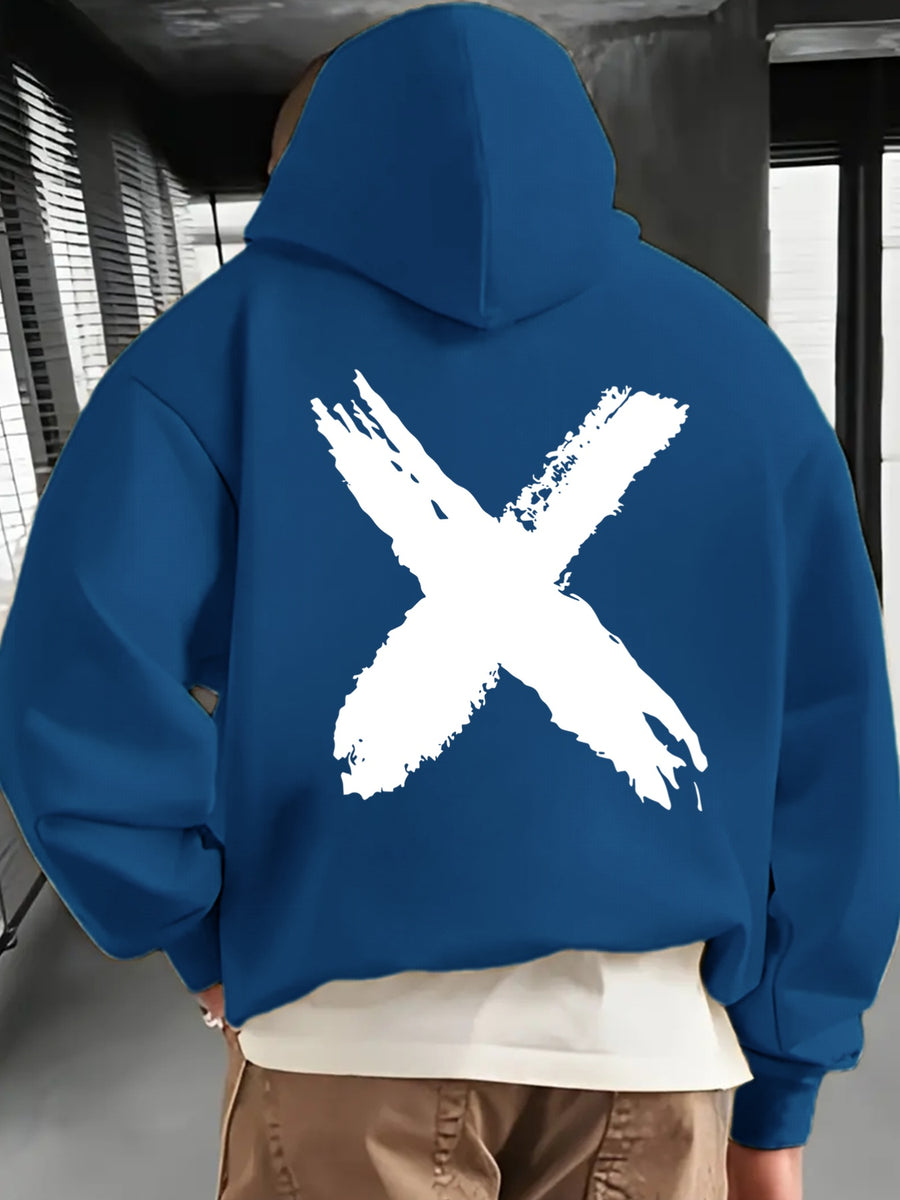 Men's Fashionable Hoodie, Loose-fit Casual Top with "X" Letter Print, Long-sleeve Sweatshirt Featuring a Kangaroo Pocket, Made of Casual Polyester Knit Fabric, Machine Washable, Suitable for Outdoor Casual Wear - Peacock Blue
