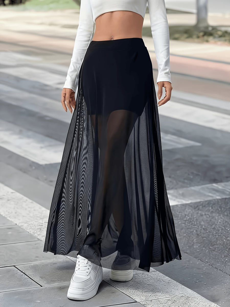 Elegant Sheer Mesh Skirt for Women, Flared Half Skirt - Black