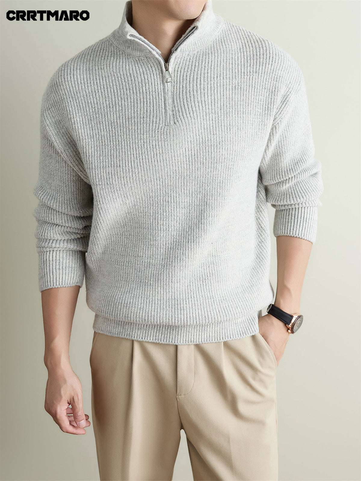 Men'S Heavyweight Thick Zip Neck Stand Collar Mock Neck Pullover Sweater, Warm Casual Layering Top for Fall And Winter - Gray White