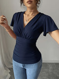 Women'S Spring Summer Casual V-Neck Solid Color Commuter T-Shirt - Navy Color
