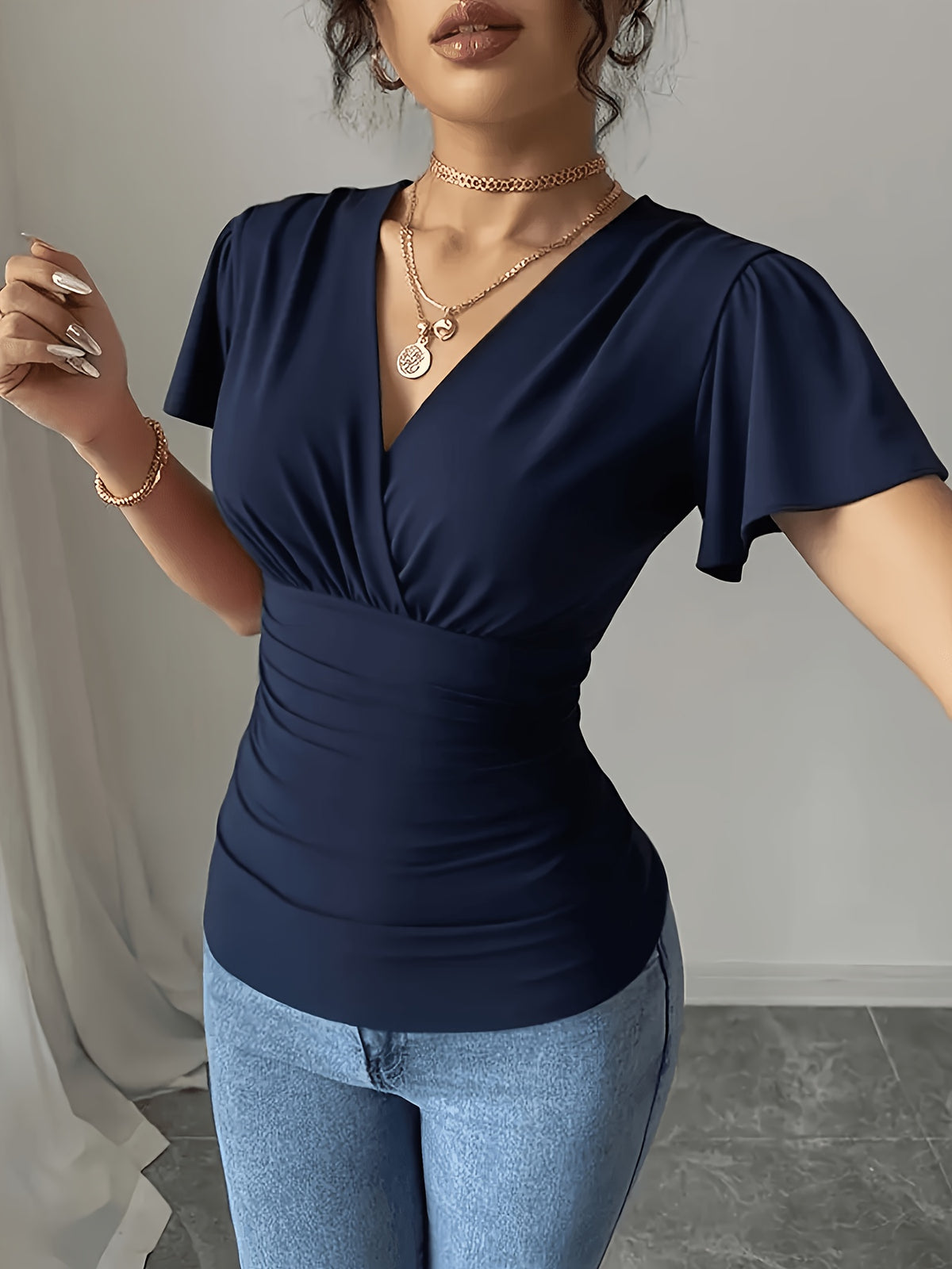 Women'S Spring Summer Casual V-Neck Solid Color Commuter T-Shirt - Navy Color
