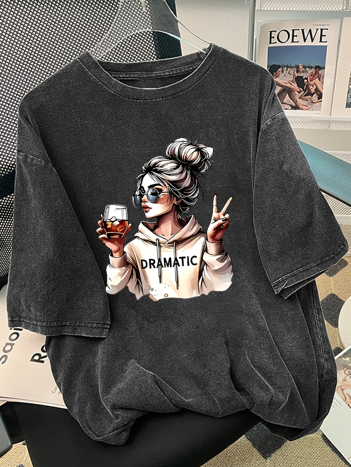 Plus Size - Plus Size - Casual Everyday Washed T-Shirt with a Dramatic Print, Featuring a Crew Neck And Short Sleeves, Designed for Plus Sizes - Black