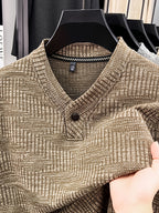 Men's Henley Collar Single-Button Long-Sleeve T-Shirt, Textured Jacquard Knit Top, Spring/Autumn Business Casual Daily Commute Base Layer Shirt - Camel