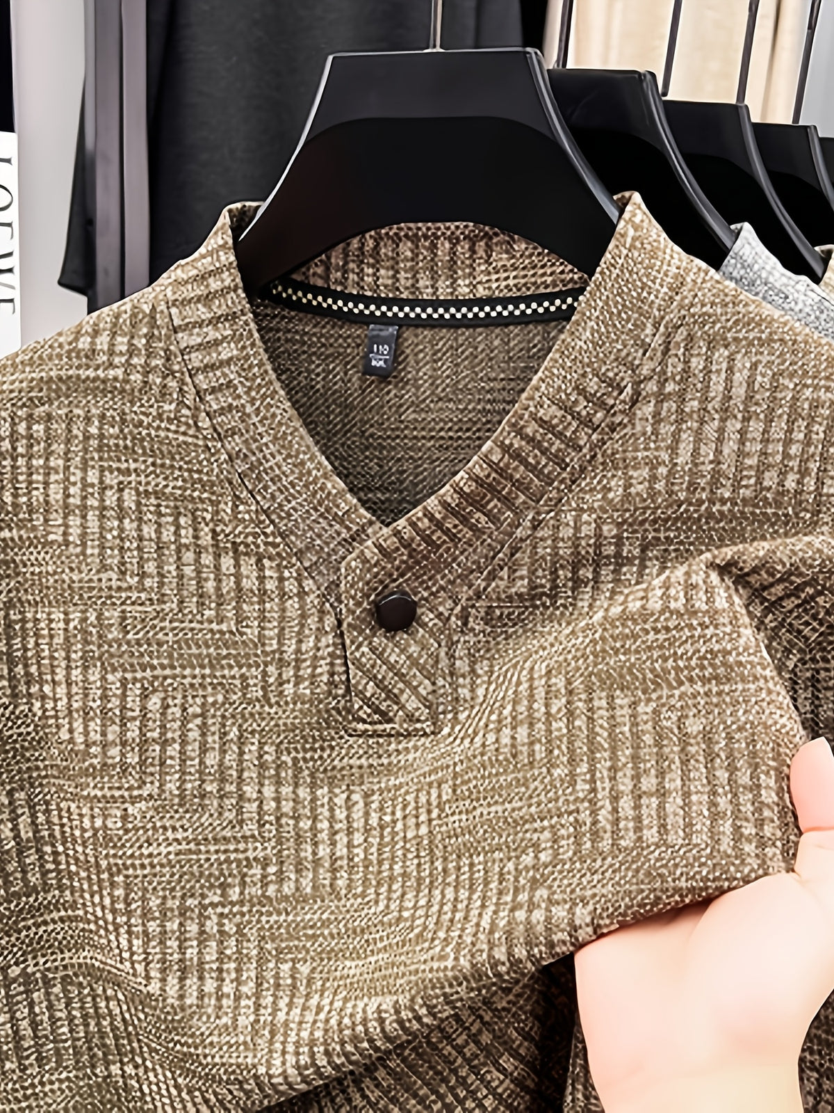 Men's Henley Collar Single-Button Long-Sleeve T-Shirt, Textured Jacquard Knit Top, Spring/Autumn Business Casual Daily Commute Base Layer Shirt - Camel