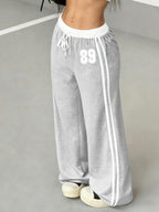 Women'S Athletic Spring/Summer Digital Print Belt Patchwork Casual Athletic Street Retro Style Loose Athletic Pants - Light Grey