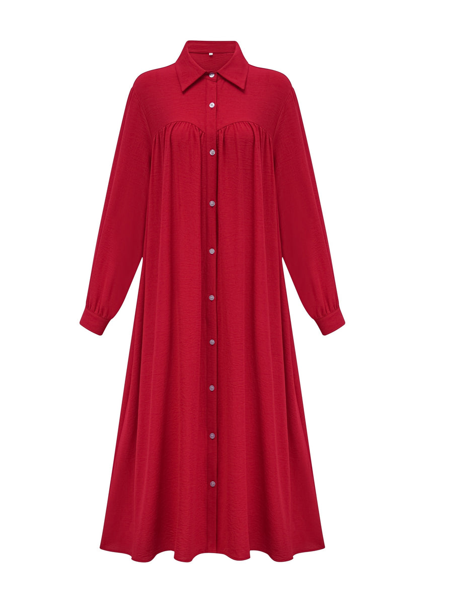 Fashion Women's Pocket Shirt Dress with Chest Gathering, Measured Bust at Back - Red