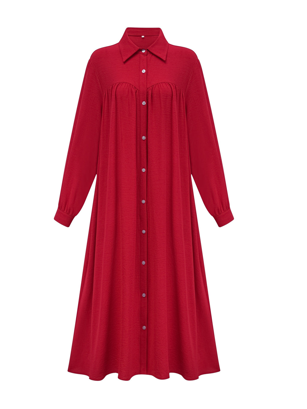 Fashion Women's Pocket Shirt Dress with Chest Gathering, Measured Bust at Back - Red
