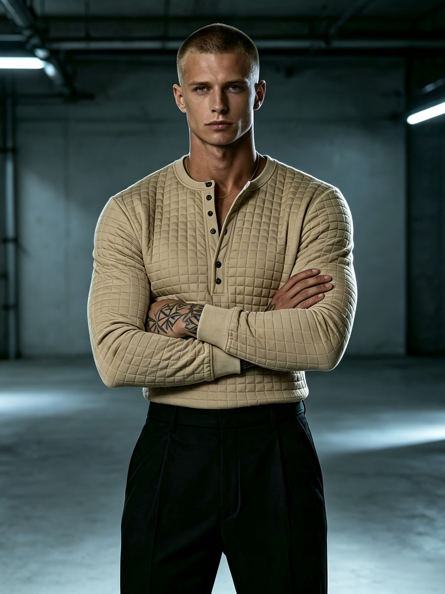 Autumn New Men'S White Checkered Henley Long Sleeve T-Shirt, Henley Collar Textured Top, Easy Rugged Slim Fit, Salon Gathering Casual Wear, Easy Fashion, Men'S Half-Open Long Sleeve - Khaki