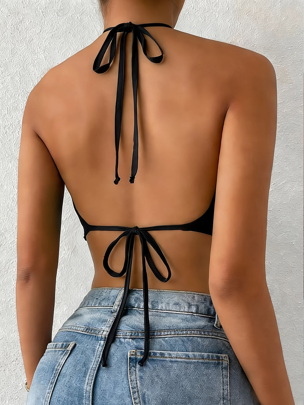 Directional Spring Summer Black Women'S Cami Halter Neck Vest, Sleeveless Top, Off-Shoulder Top, Deep Back Tie Bow Vest - Black
