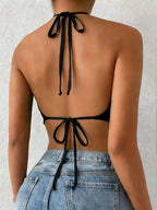 Directional Spring Summer Black Women'S Cami Halter Neck Vest, Sleeveless Top, Off-Shoulder Top, Deep Back Tie Bow Vest - Black