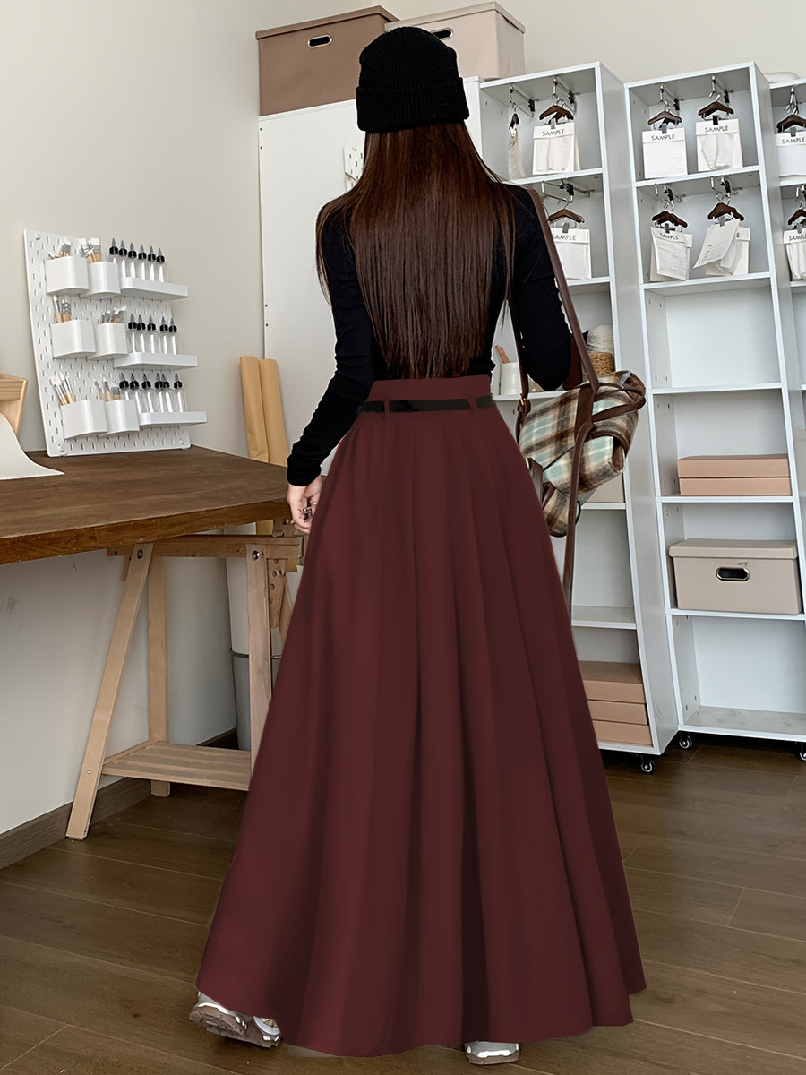 Fashionable, Elegant, and Graceful Pleated Midi/maxi Skirt for Workplace, Daily Wear, Commuting, and Office Use. Simple, Form-fitting Design Suitable for Spring and Autumn - Deep Red
