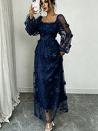 Elegant Mesh 3D Floral Dress, Fairy Style Square Neck Long Sleeve Maxi Dress, Date Afternoon Tea Gentle Style Dress - Navy Color