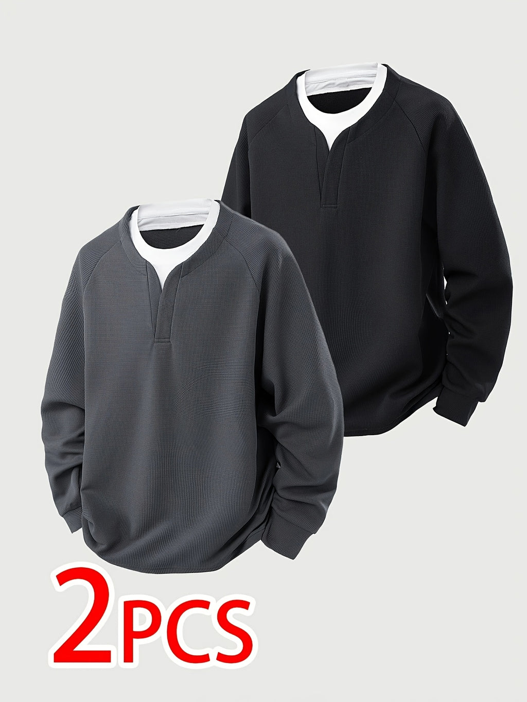 2pcs Men's Waffle Knit Sweatshirt, Stylish 2-in-1 Look Design, Men's Long Sleeve Base Layer, Men's Pullover Top, Men's Gift - Grey+Black