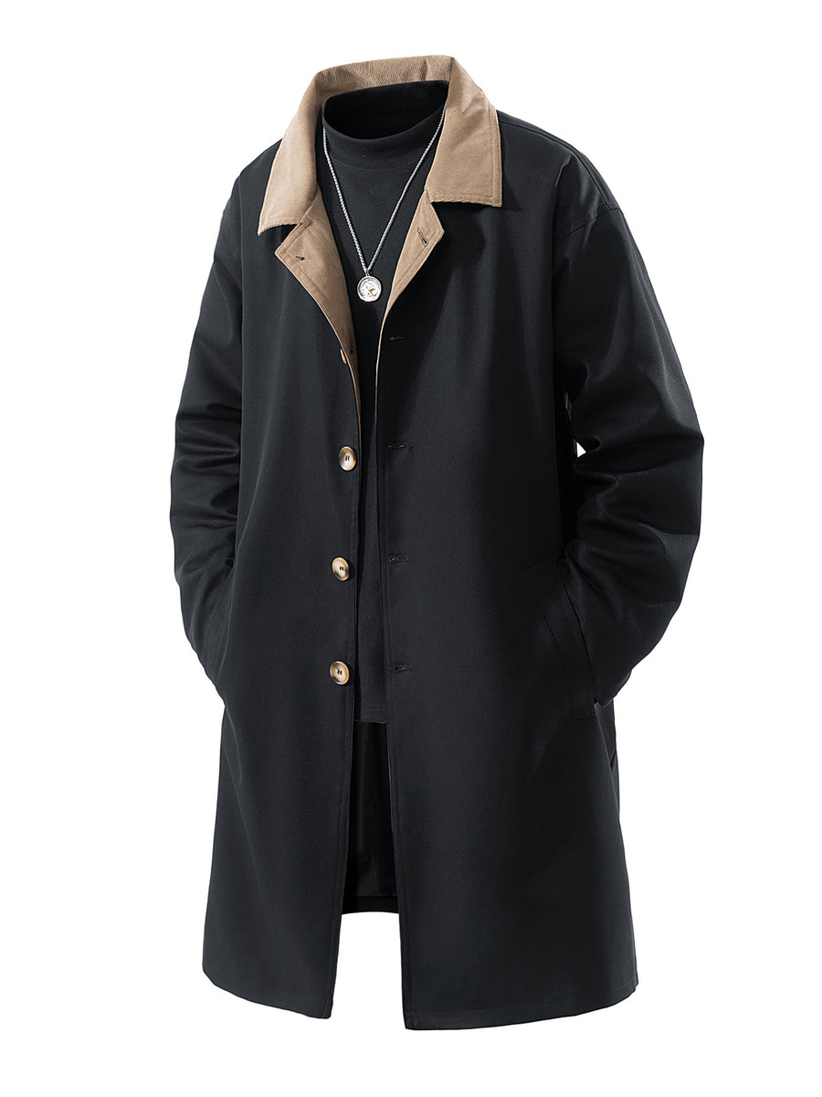 Men's Draped Color-Block Lapel Trench Coat, Spring/Autumn Loose Fit Mid-Length Over-the-Knee Coat, Simple Single-Breasted Casual Commuter Vintage Workwear Jacket, Plus Size Trench Coat, Versatile Autumn/Winter Outerwear - Black