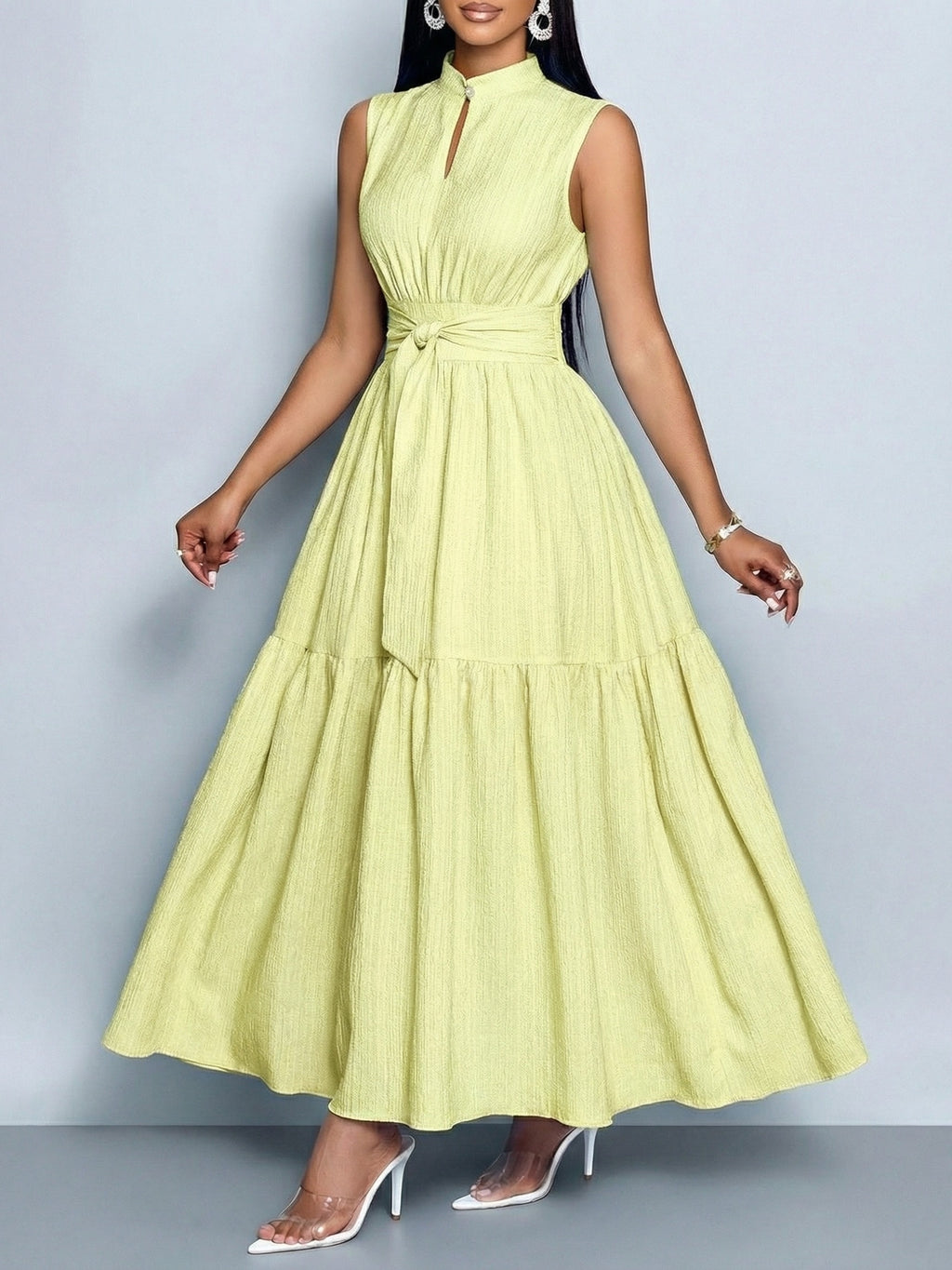 Elegant and Fashionable Women's Solid Color Stand-up Collar Sleeveless Waist-cinching Tie-knot Dress with Front Cutout, Suitable for Casual, Fashionable, and Commuting Styles. Selected from the Industry's Elegant Series, Ideal for Parties and Work - Fluorescent Yellow