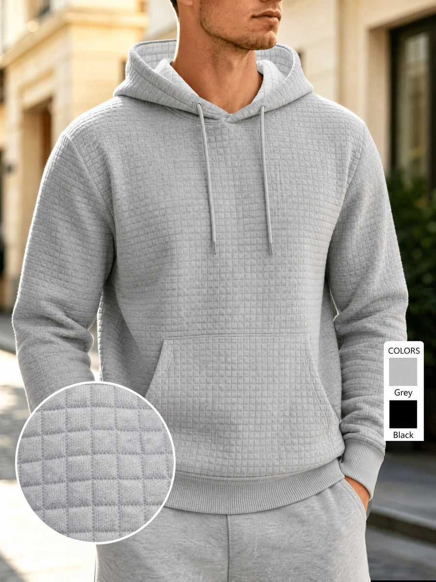 Men's Waffle Knit Hooded Sweatshirt, Spring/Autumn Long-Sleeve Pullover, Textured Checkered Breathable Fabric, Loose Fit with Drawstring Kangaroo Pocket, Casual Commuter Top - Light Grey