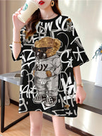 Summer New Large Size Loose Fashion Trend Slim Cartoon Round Neck Print Ladies Women'S Medium And Long Short-Sleeved T-Shirt Clothes - K140-B