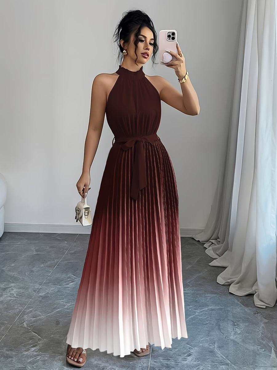 Elegant Romantic Ruffled Neckline And Waist Tie A-Line Pleated Gradient Maxi Dress - Gradient Wine Red